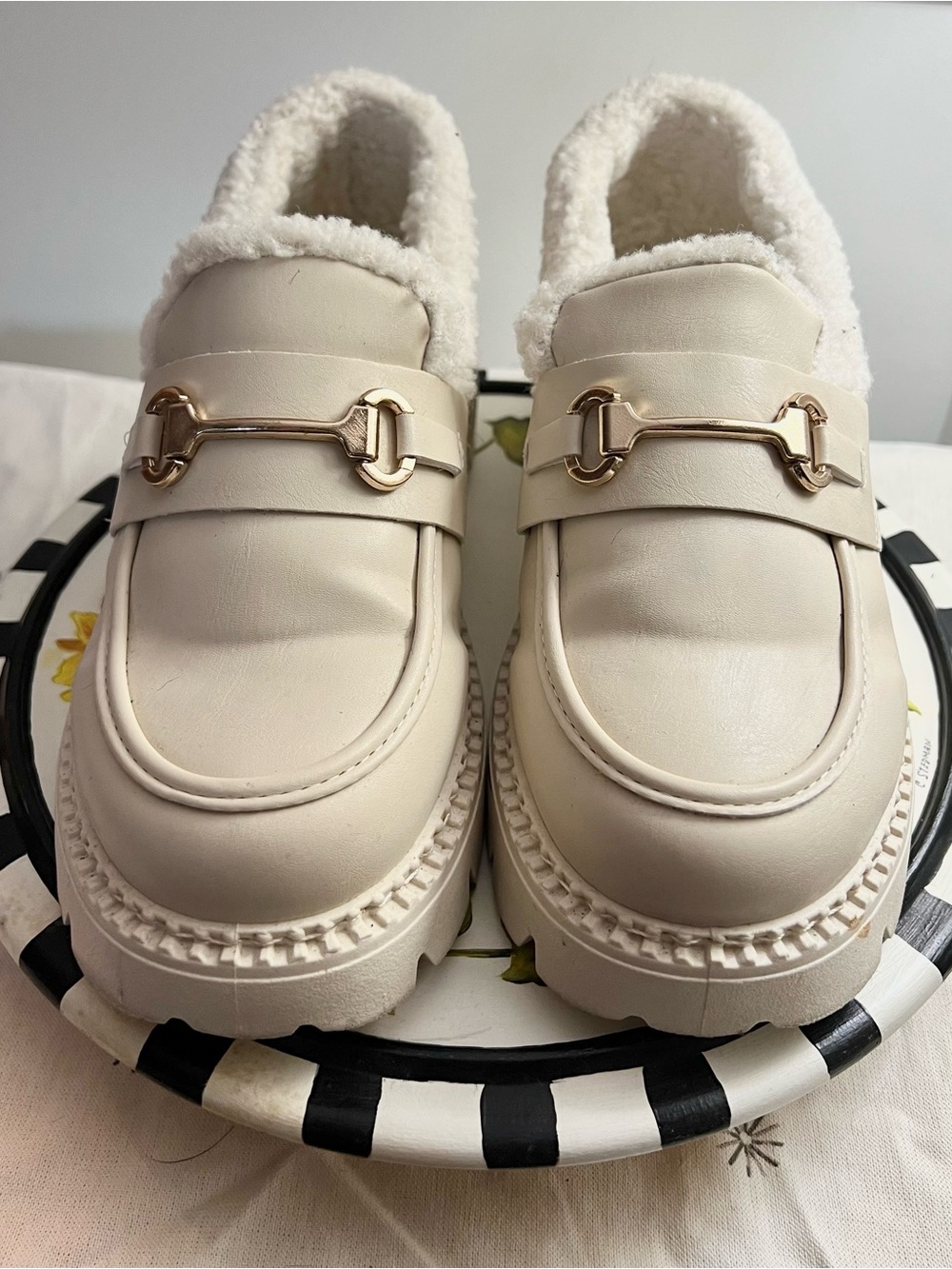 Women’s Cream Faux-Shearling Loafer with Gold Bit